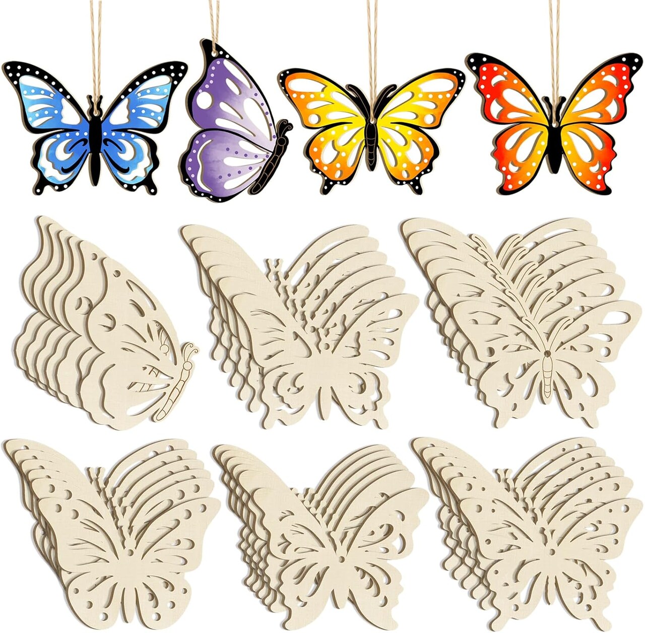 Wooden Hollow Spring Butterfly Ornaments Activity Craft Kit to Paint, 6 Styles DIY Blank Unfinished Wood Cutouts Ornament for Crafts Hanging Decorations Summer
